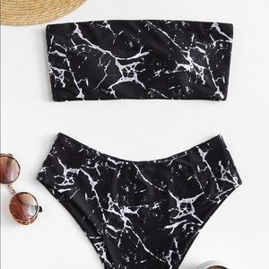 Marble Print High Waisted Bandeau Bikini Set